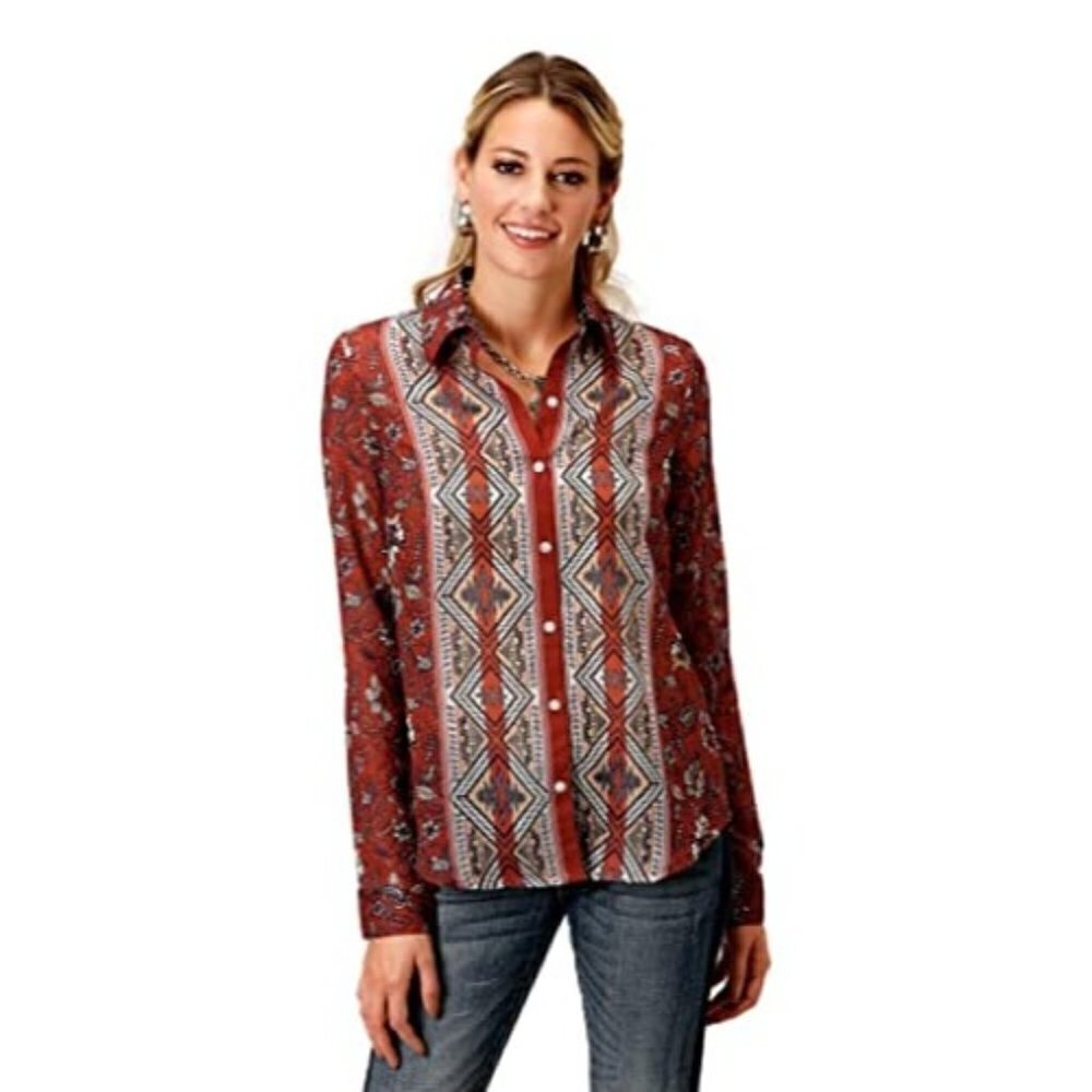 Roper Women's Floral Border Long Sleeve Button Down Chiffon Blouse